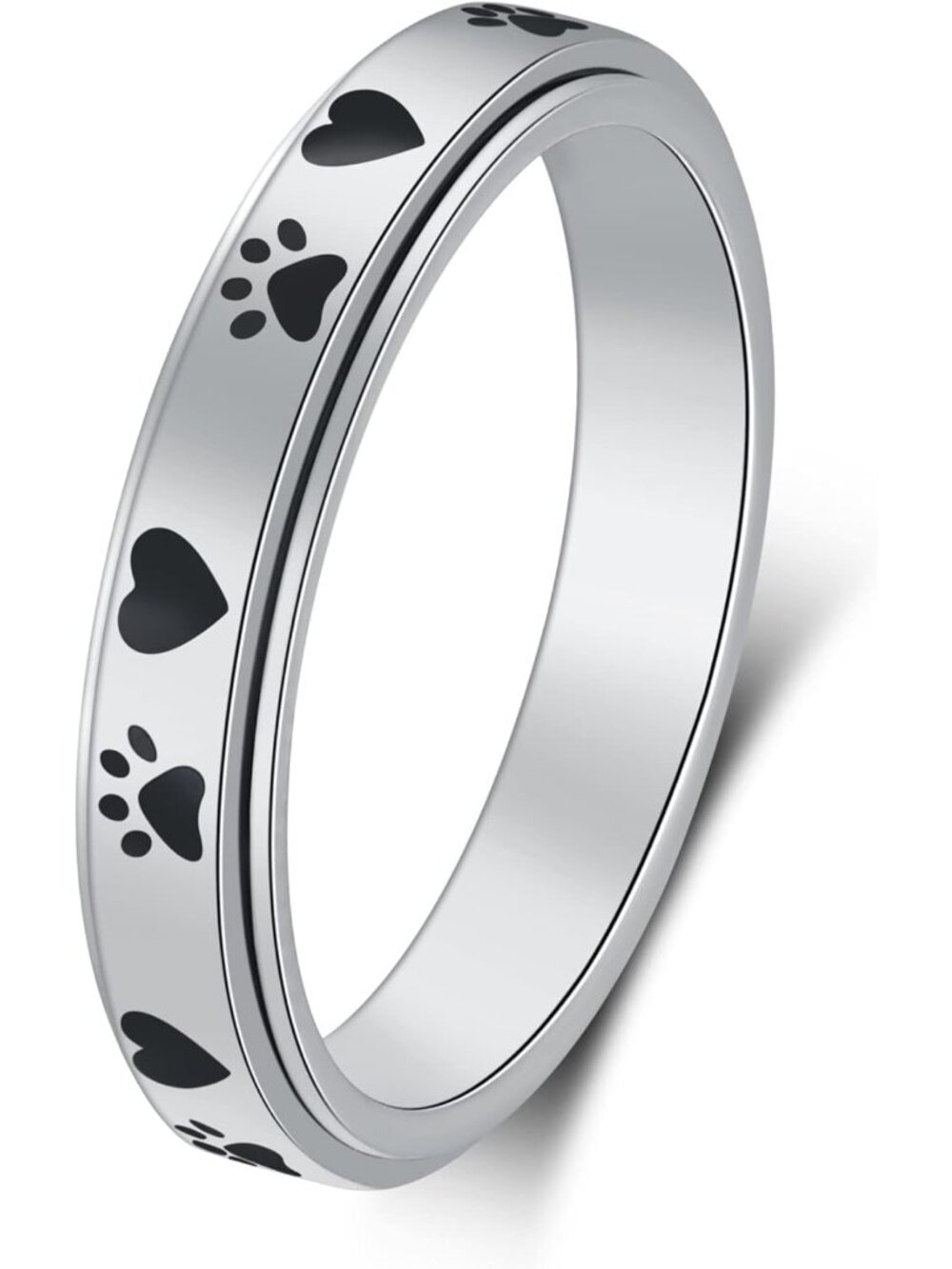 Spinner Ring for Women - 4mm Width Carved Moon Star & Puppy Paw Print - Stainles